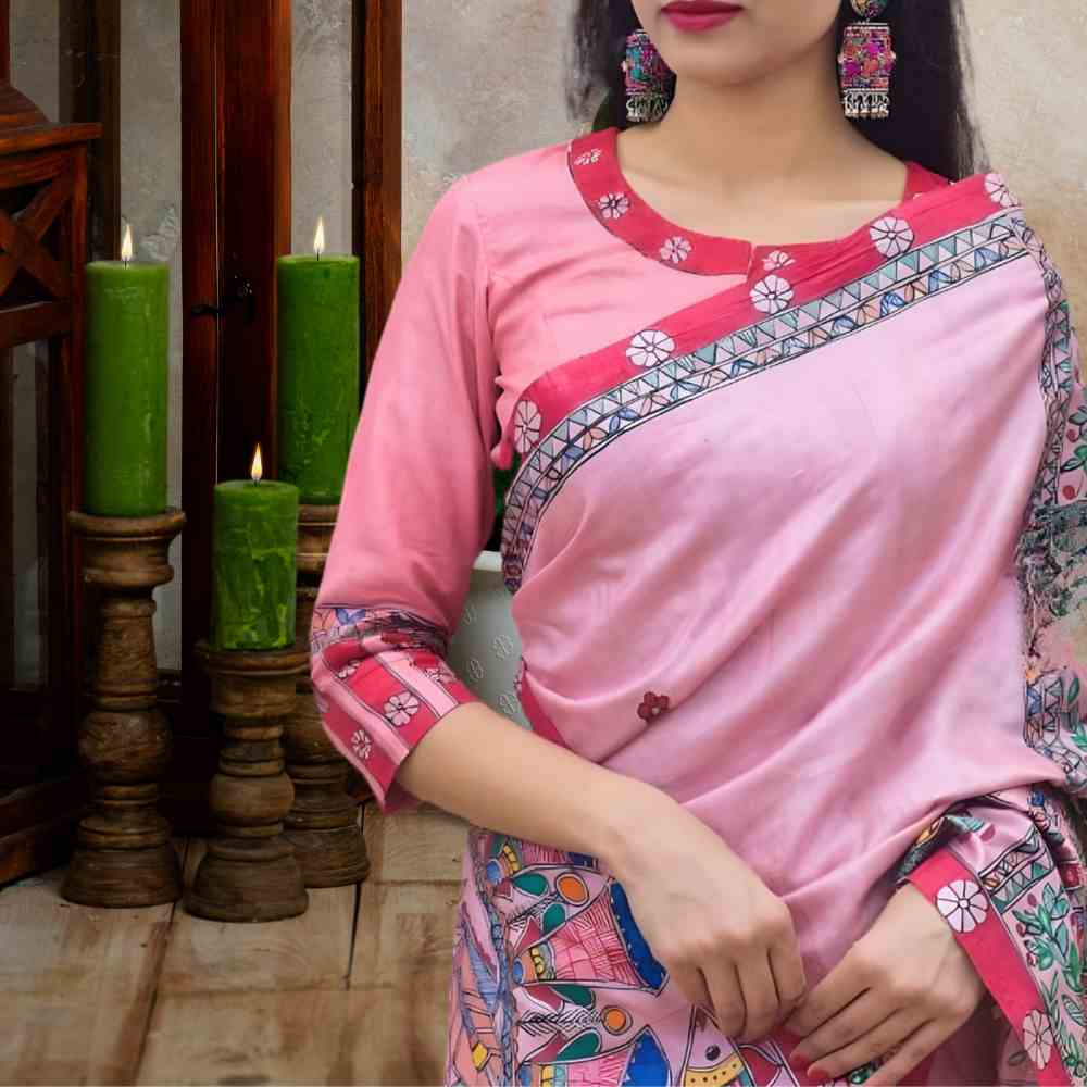 Tussar Saree with Madhubani Bride, Doli, and Kaahar Painting